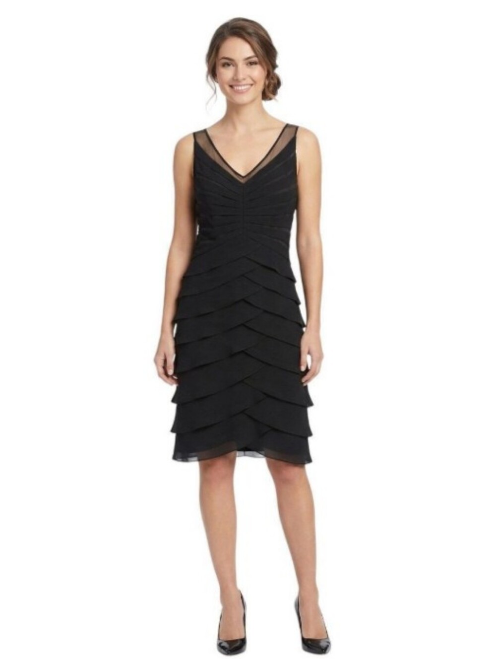 Adrianna Papell Elegant Black Layered V-Neck Women's Dress Size 8